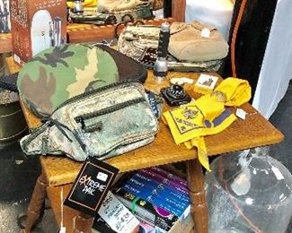 Gun Cleaning Kit (NEW), Camo items, Cub Scout, Vintage Canteen Cover, Compasses, Large Glass Jug...