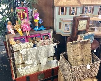 Vintage Red Trunk, Doilies, Storage Baskets, Barbie Dolls and an adorable Wooden Doll House