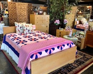 A look at the 3-Piece MID-CENTURY MODERN Bedroom Suite, along with antique quilts 