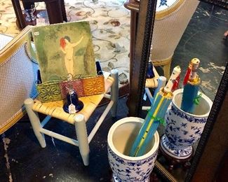 Lots of Blue & White Ceramic and Porcelain Pieces and a light blue footstool