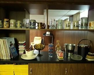 Beer Steins, National Geographic Magazines, Vinyl Albums, 8-Track Tapes, and Barware