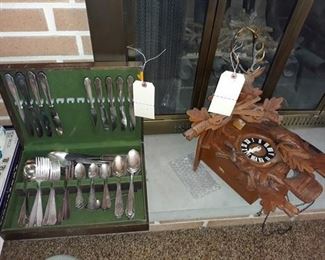 Silver Plate Flatware and German Cuckoo Clock Case