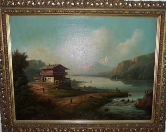 Oil Painting with Ornate Frame and Gallery Light