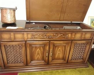 Vintage Record Console and Copper Bucket