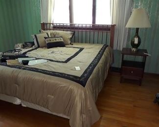 King Size Mission Style Bed Frame, Fleur de Lis Bedding, Mid Century Glass Table Lamp, and Side Table