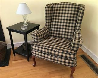 Black /off-white check wing chair -slipcovered
