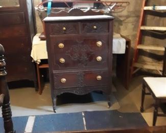 Matching full size bed, chest of drawers, vanity with stool and wardrobe