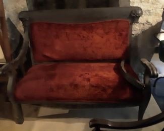 Empire style crush velvet settee with matching chair. The settee needs a little TLC on one arm...nothing major to have this piece ready to enjoy!