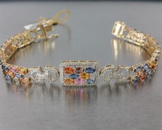 Exquisite Signed Designer Natural Multi-Colored Sapphires and Diamond Bracelet in 14k Yellow Gold - $16890 Appraisal