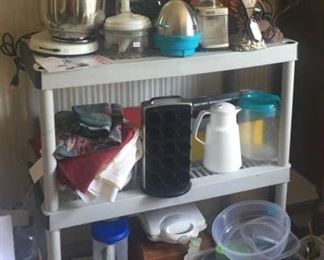 Misc kitchen equipment including vintage sunbeam stand mixer.