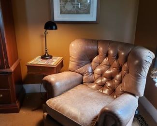 Leather Chair with metal brads,  Small side table, as is