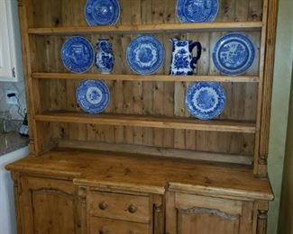Large beautiful French country kitchen hutch, 2 PC.  Blue Spode dishes