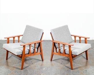 Restored mid century modern lounge chair set. Fully reupholstered in grey tweed. 