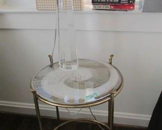 Art glass topped table, crystal lamp