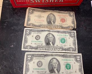 2.00 bills green and red seal