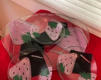 Studio glass art tray with 3 berry servers