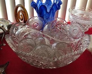 Vintage Diamond Cut glass punch bowl with cups
