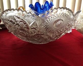 Vintage Diamond Cut glass punch bowl with cups