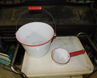 Enamelware Bucket and Scoop(Red and White) 