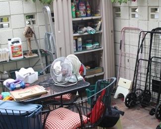Rubber Maid storage item. iron patio set, fans, garden decor, tools. 