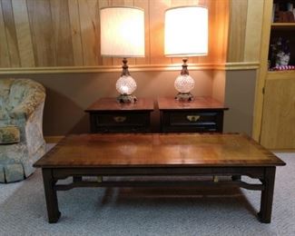 Matching magnificent pair of base-light lamps, awesome vintage inlaid coffee and end tables