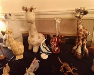 Wood, glass, ceramic giraffes and other animals by various artists
