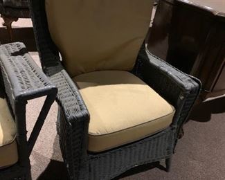 #13		Heavy Green Wicker Chair w/square cushion 39" Tall 	 $75.00 
