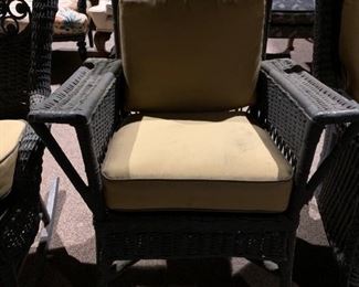 #14		Heavy Green Wicker Chair w/square cushion 36" Tall 	 $75.00 
