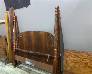#101		Queen 4 Poster Bed with wood carving with headboard/footboard/rails 	 $275.00 
