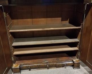 #131 Antique hutch top with key, 3 shelves and 3 drawers 49x18x47 $100.00 