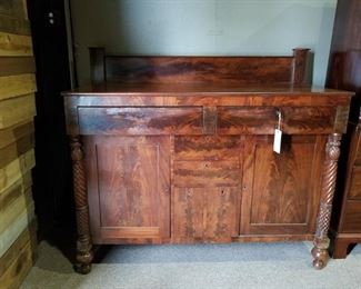 #140 Antique Buffett with twist sides, with key, 6 drawers and 2 cabinets 60.5x25x51 hand dove tailed $500.00 