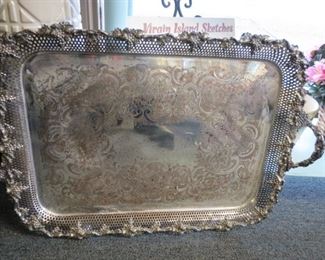 Large silver plate footed lace edge serving tray.