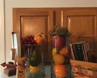 Fruit filled vases , vintage cow  creamer, tripe books