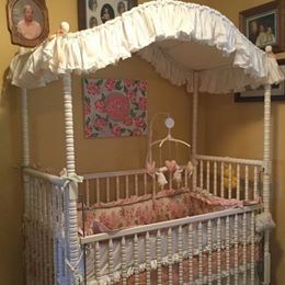 Jenny lind canopy baby bed with mattress with all linens ( custom country ruffles)$ 550.