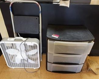 Storage, ladder, and fan