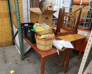 3 wooden tables with contents