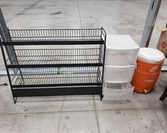 Metal rack, plastic storage, and drink cooler