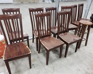 (9) wooden chairs and a stool