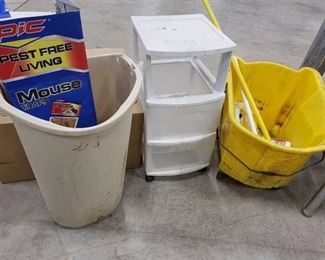mop bucket and trash can