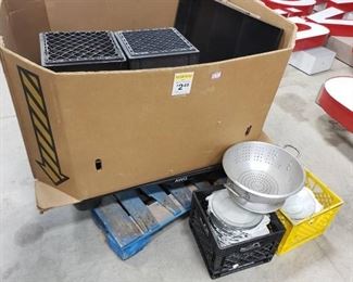 Collander, plates and milk crates
