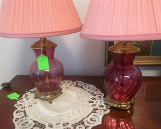 Matching Pair of Cranberry Table Lamps