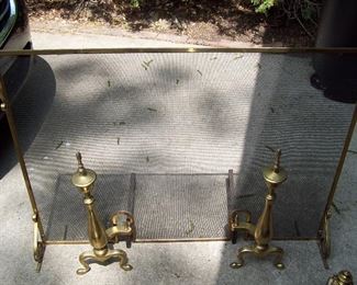 Brass Fire Place Screen and Andirons