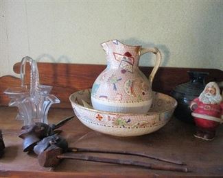 bowl & pitcher & wooden carved pipes