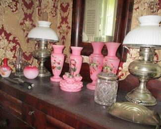 pink Bristol glass & Rayo type lamps