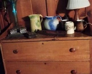 3 drawer country chest & pottery pitchers