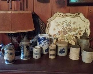 Salt glaze ware, steins, 