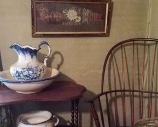 Pitcher and bowl set, stand, paperpunch samplers, 