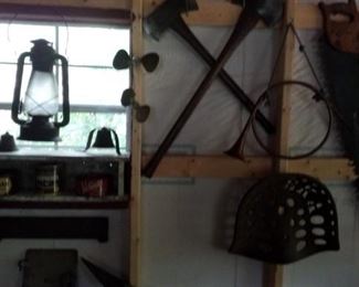 Axes, tractor seat, saw