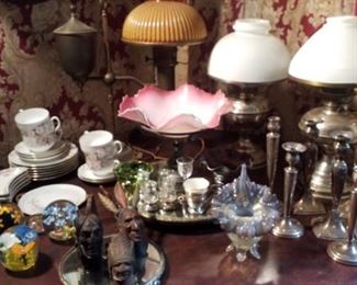 Lamps, sterling, glassware