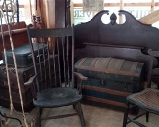 trunk, beds, chairs & iron floor lamps